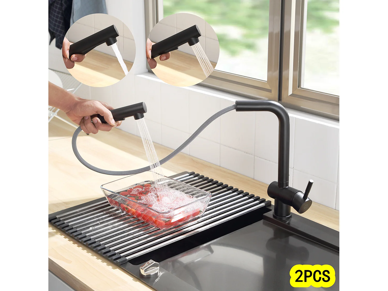 Cecipa max 2PCS Mitigeur D'évier de Cuisine Noir avec Douchette Extractible - 2 modes de pulvérisat - Robinets de Cuisine en inox,EU Modèle