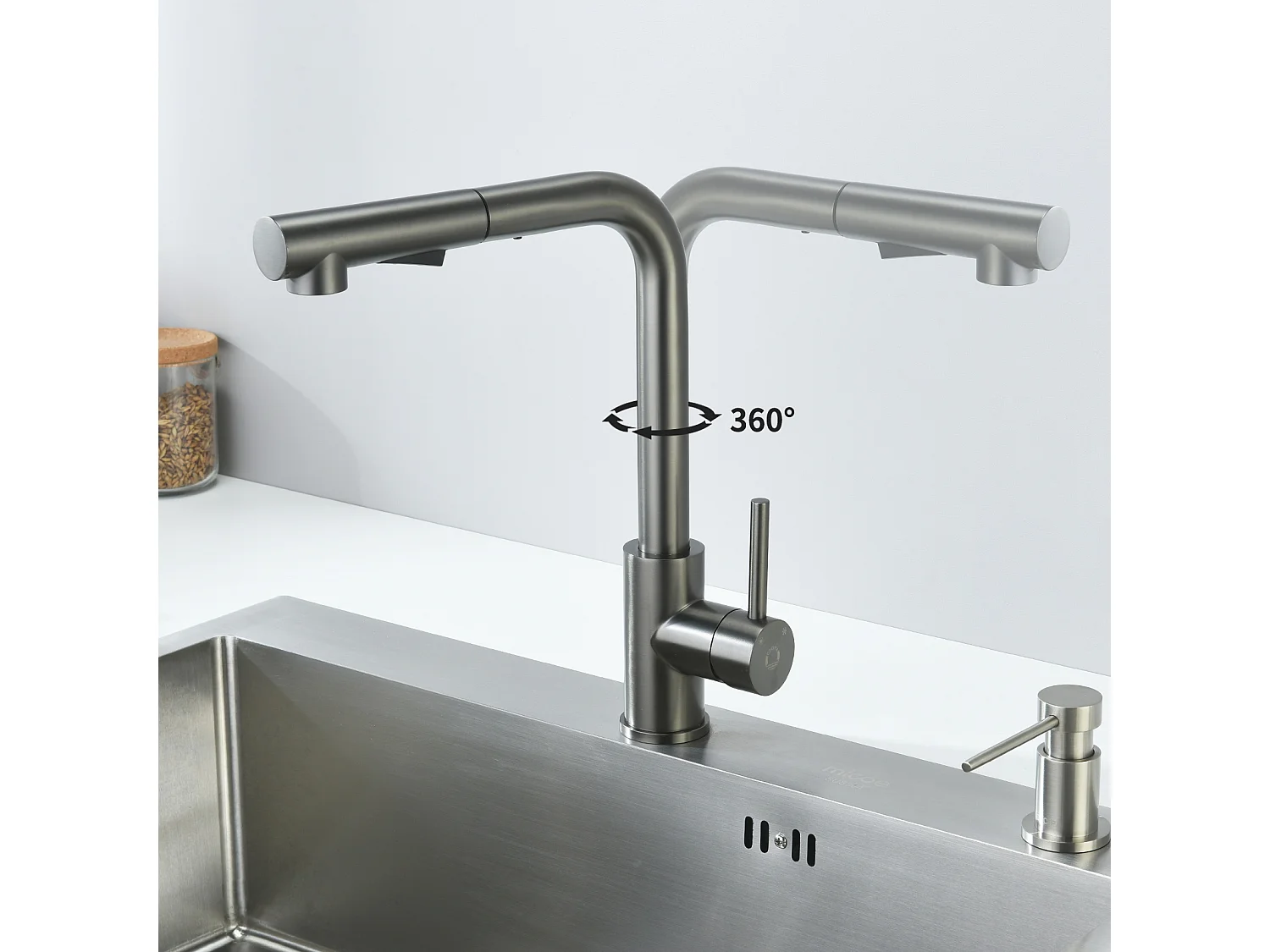 2PCS Cecipa MAX keukenkraan met spray, keukenmengkraan met uittrekbare spray, spoelbakkraan met 2 straalsoorten, 360 ° draaibaar, grijs zwart