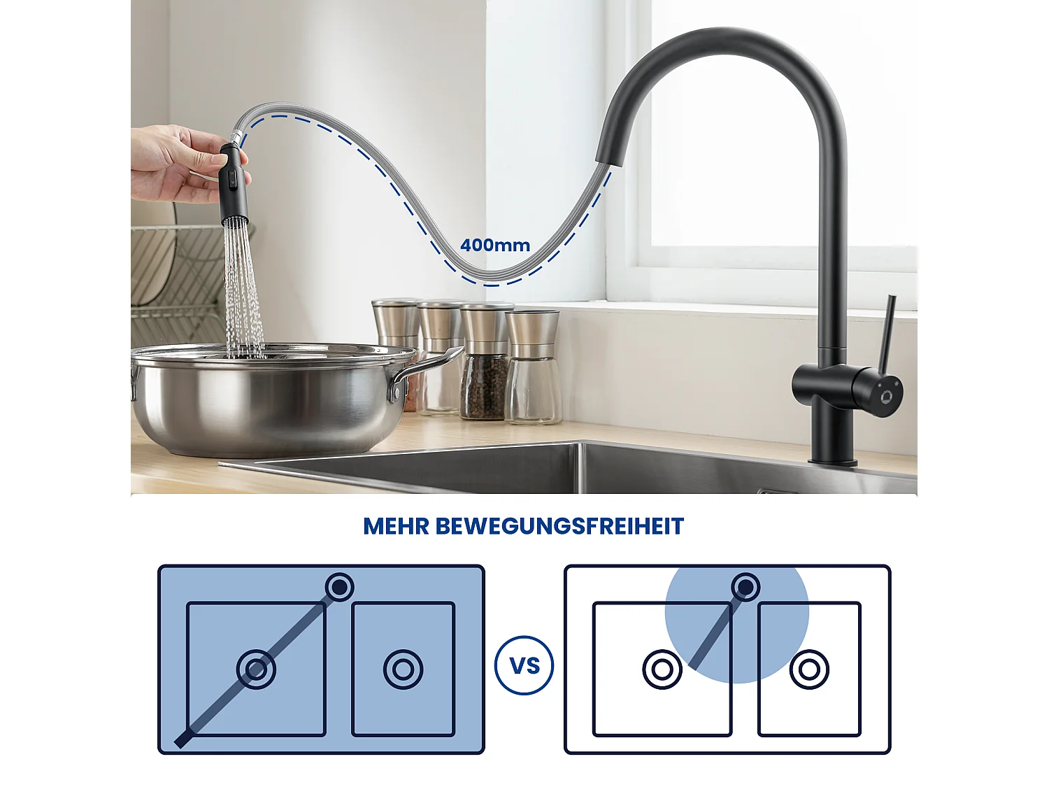 Rubinetto da cucina CECIPA MAX, 2 pezzi, con doccetta estraibile, rubinetto da cucina con 2 tipi di getto d'acqua, rubinetto per lavello ruotabile a 360° (nero)