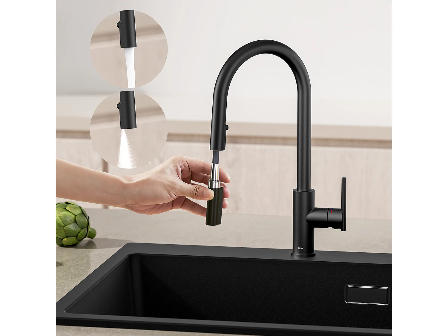 Cecipa max Mitigeur Cuisine Extensible Robinet Cuisine avec Douchette Robinet Extractible à 2 Jets Mitigeur Deux Types De Jets D'eau Noir,EU Modèle