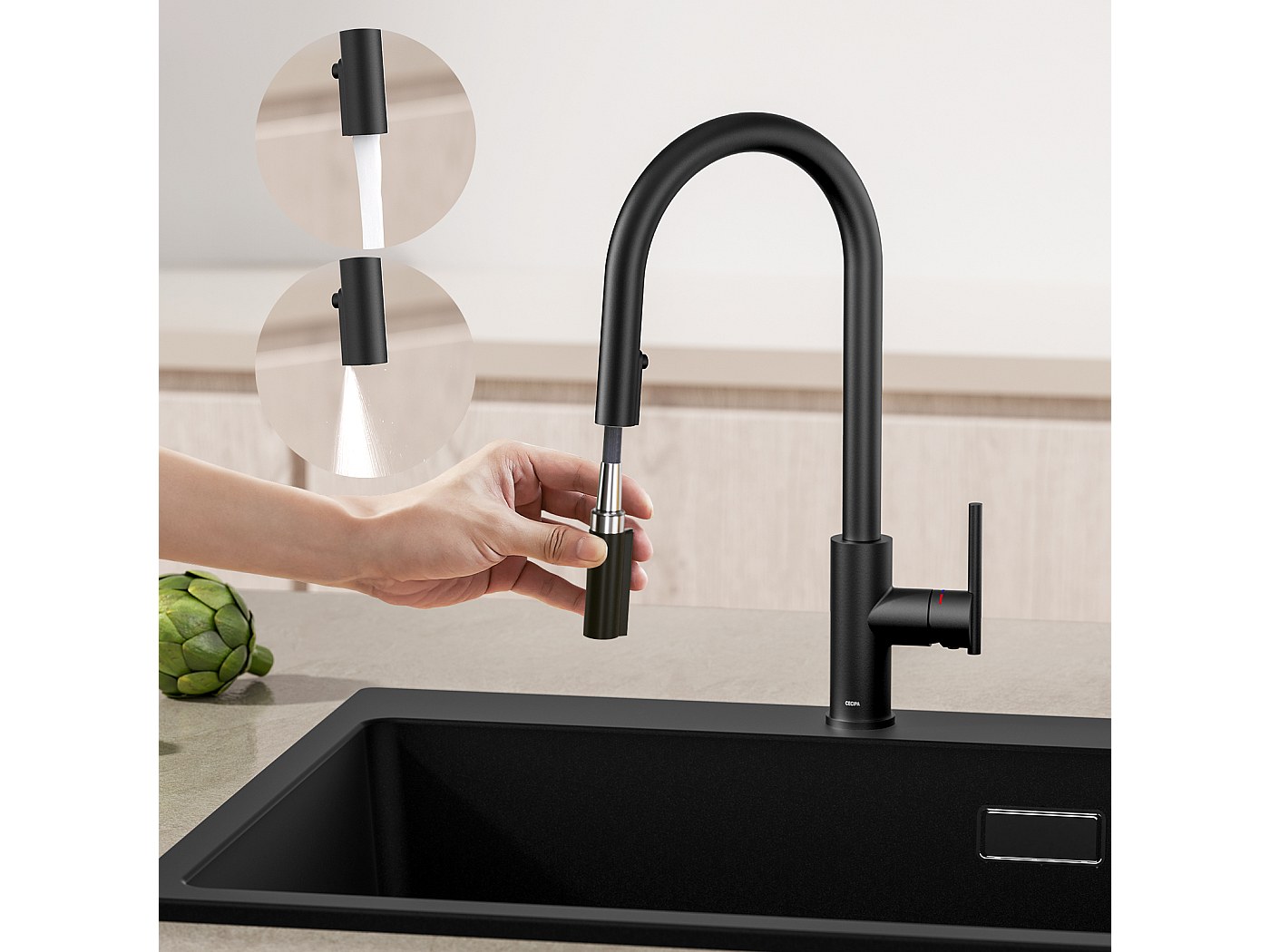 CECIPA Kraan keuken uittrekbaar, hoge druk keukenkraan met veegspray waterstraalsoorten, keuken mengkraan roestvrij staal geborsteld, eengreepsmengkraan 360° draaibaar