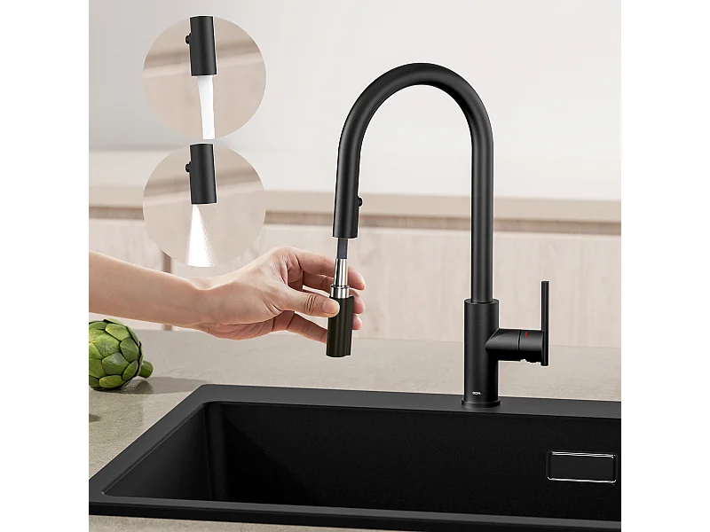 Cecipa max Mitigeur Cuisine Extensible Robinet Cuisine avec Douchette Robinet Extractible à 2 Jets Mitigeur Deux Types De Jets D'eau Noir,EU Modèle