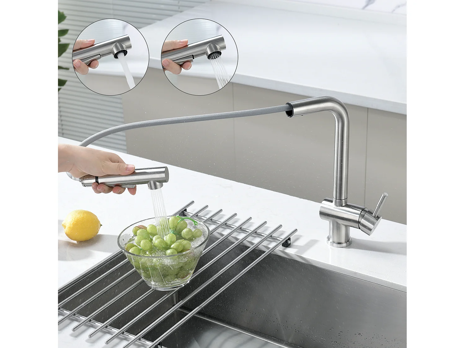 Cecipa max keukenmengkraan met uittrekbare straal, 2 straalsoorten mengkraan, spoelbakmengkraan met afneembare bubbler, geborsteld, EU-model