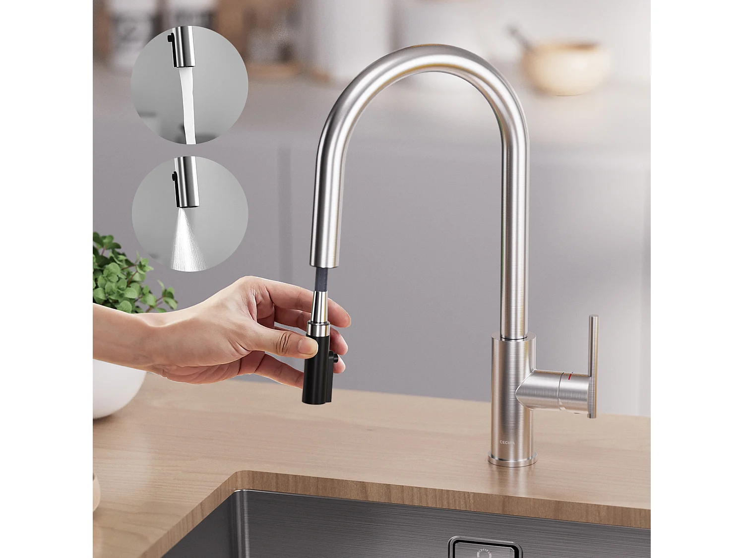Cecipa max Mitigeur Cuisine Avec Douchette Extractible - Robinet de Cuisine  à 2 Modes de Pulvérisat - Mitigeur Evier Avec Brossé,EU Modèle