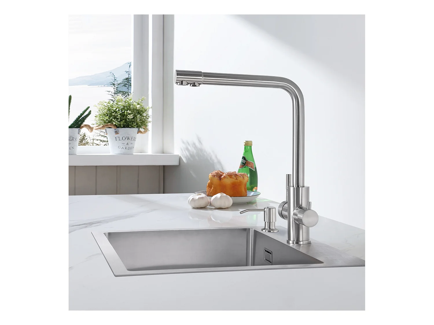 Cecipa max Purificador de Agua Mezclador de Cocina para Agua Fría/Caliente y Agua Filtrada, Grifo de Cocina para Sistema de Ósmosis - Cepillado, Modelo UE