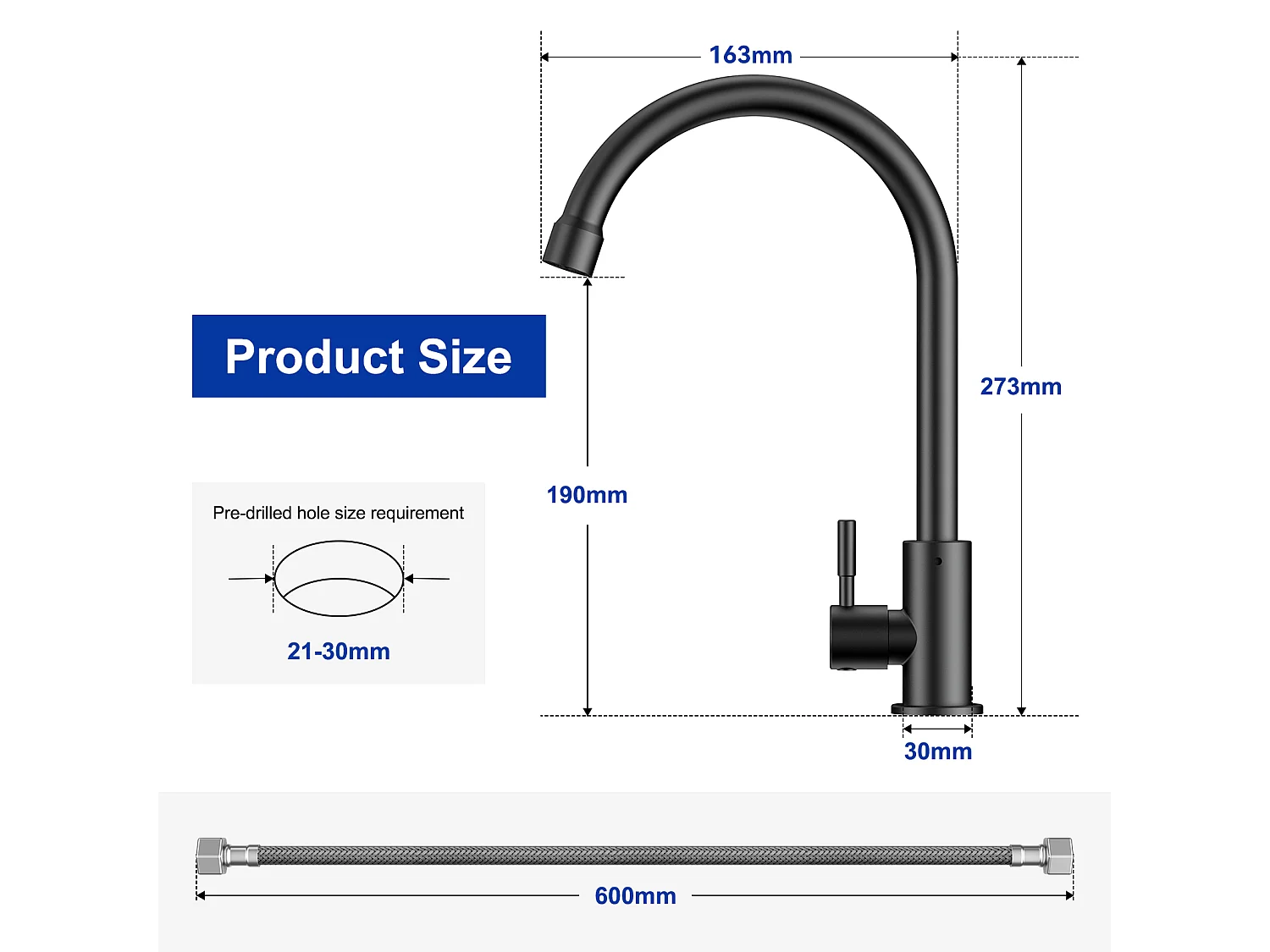 Cecipa max Robinet de Cuisine Robinet d'eau froide pour évier de cuisine - Robinet d'eau froide - Rotatif à 360° - Noir,EU Modèle