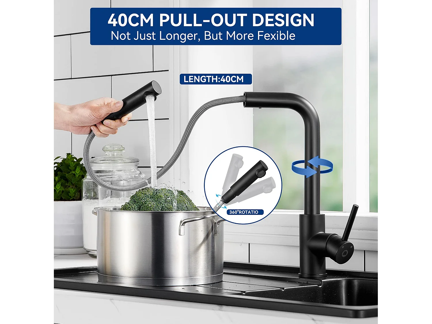Cecipa max Küchenmischbatterie mit ausziehbarer Brause – Küchenarmatur aus Edelstahl, Spültisch-Mischbatterie mit abnehmbarem Sprudelwasserhahn, Schwarz, EU-Modell