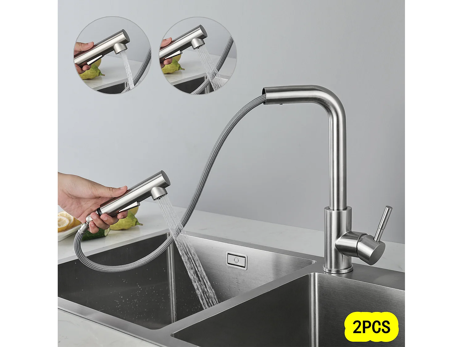 Cecipa max 2PCS keukenmengkraan met uittrekbare spray, 2 spuitmodi, 360 roterende geborstelde wastafelkraan, EU-model