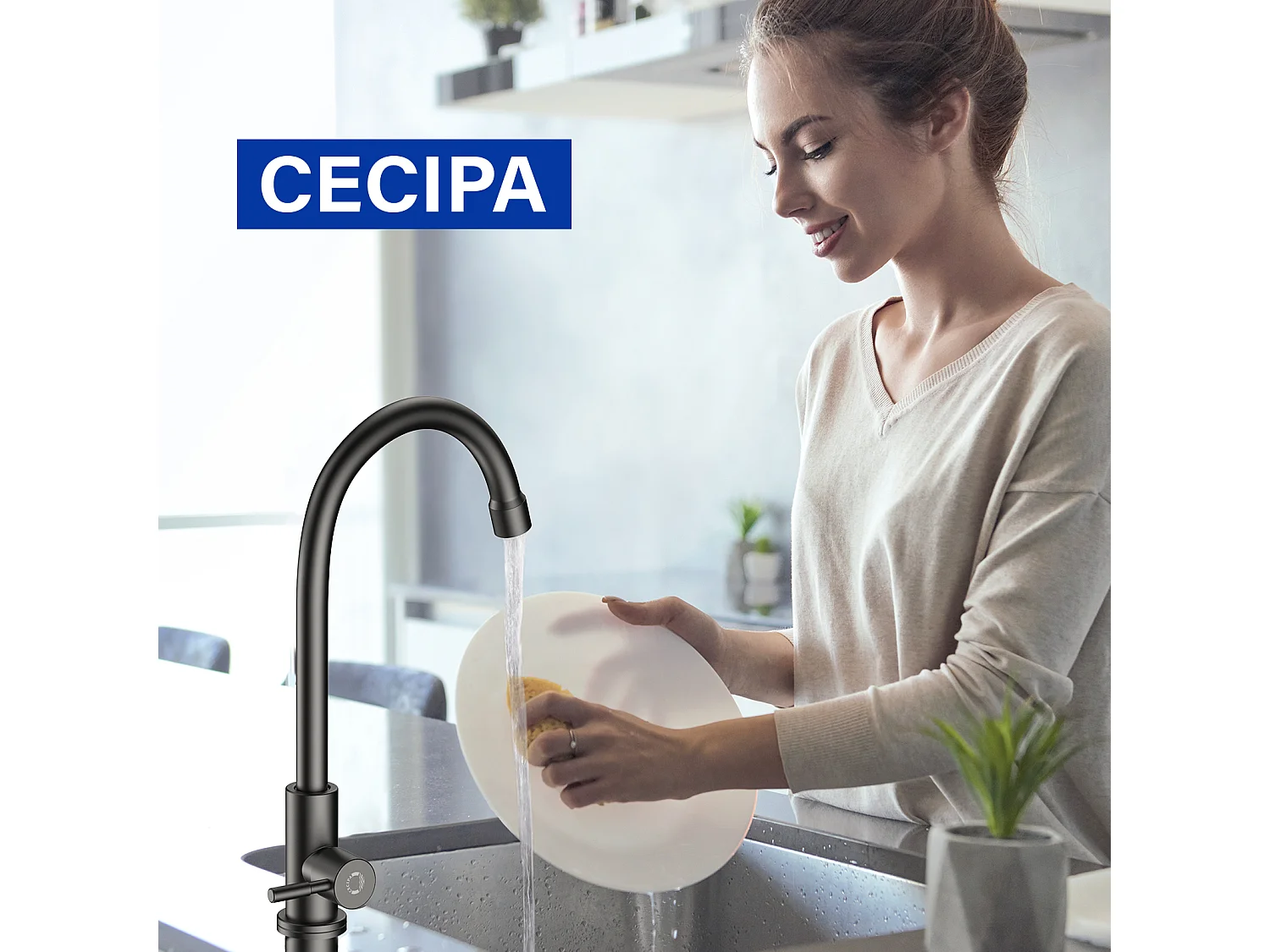 2PCS CECIPA MAX Robinet de Cuisine Noir - Robinet d'évier de cuisine à eau froide - Acier inoxydable 304