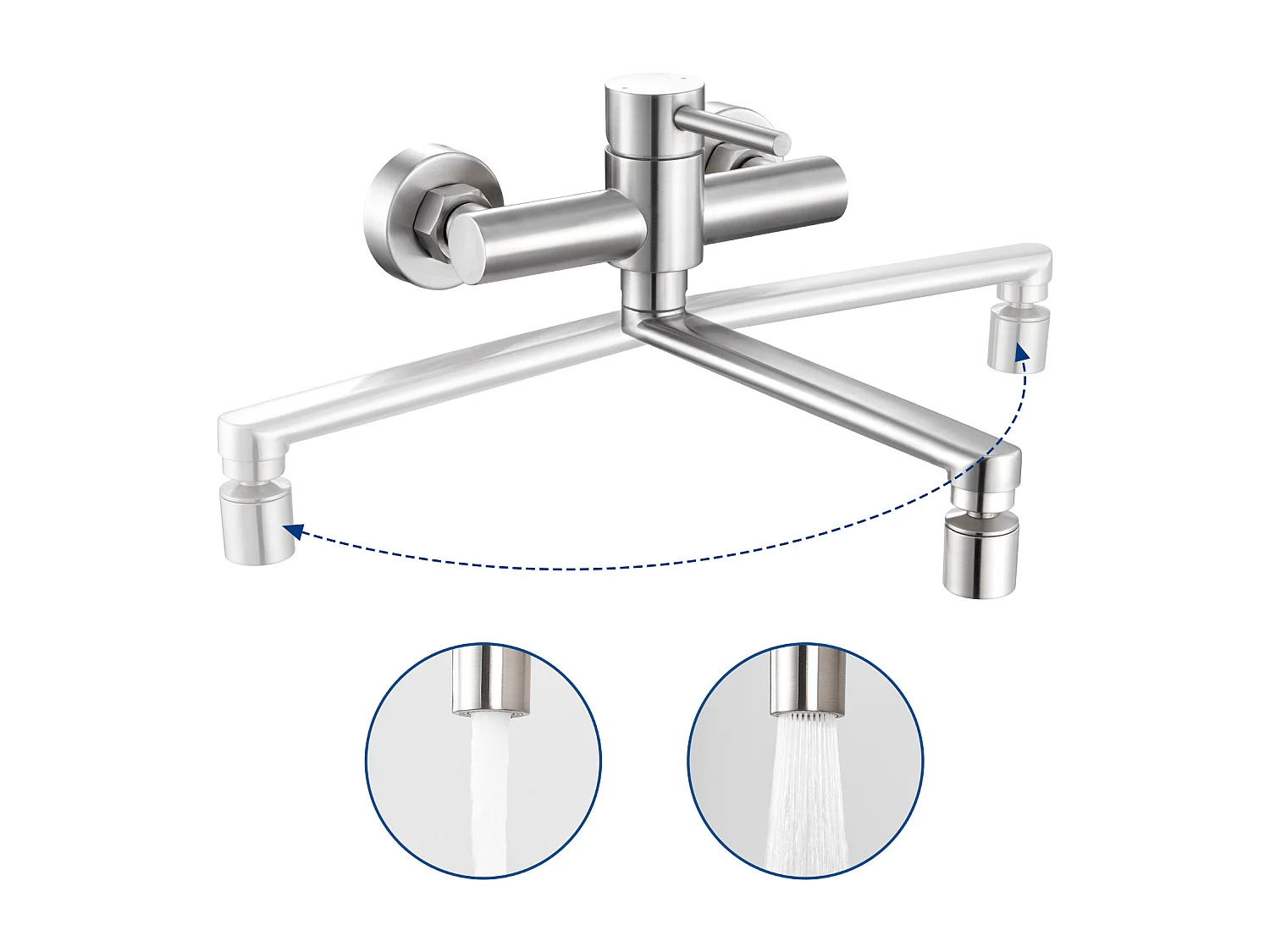 2PCS Cecipa MAX geborstelde wandgemonteerde keukenmengkraan, wandgootsteenkraan met 2 sprays, 360 ° draaibare keukenmengkraan wastafelkranen
