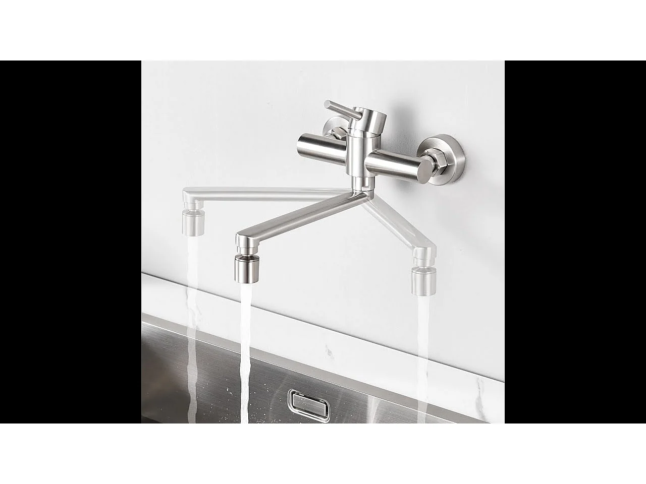 2PCS Cecipa MAX Miscelatore da cucina a parete spazzolato, rubinetto per lavabo a parete con 2 getti, rubinetti per lavabo da cucina girevoli a 360°