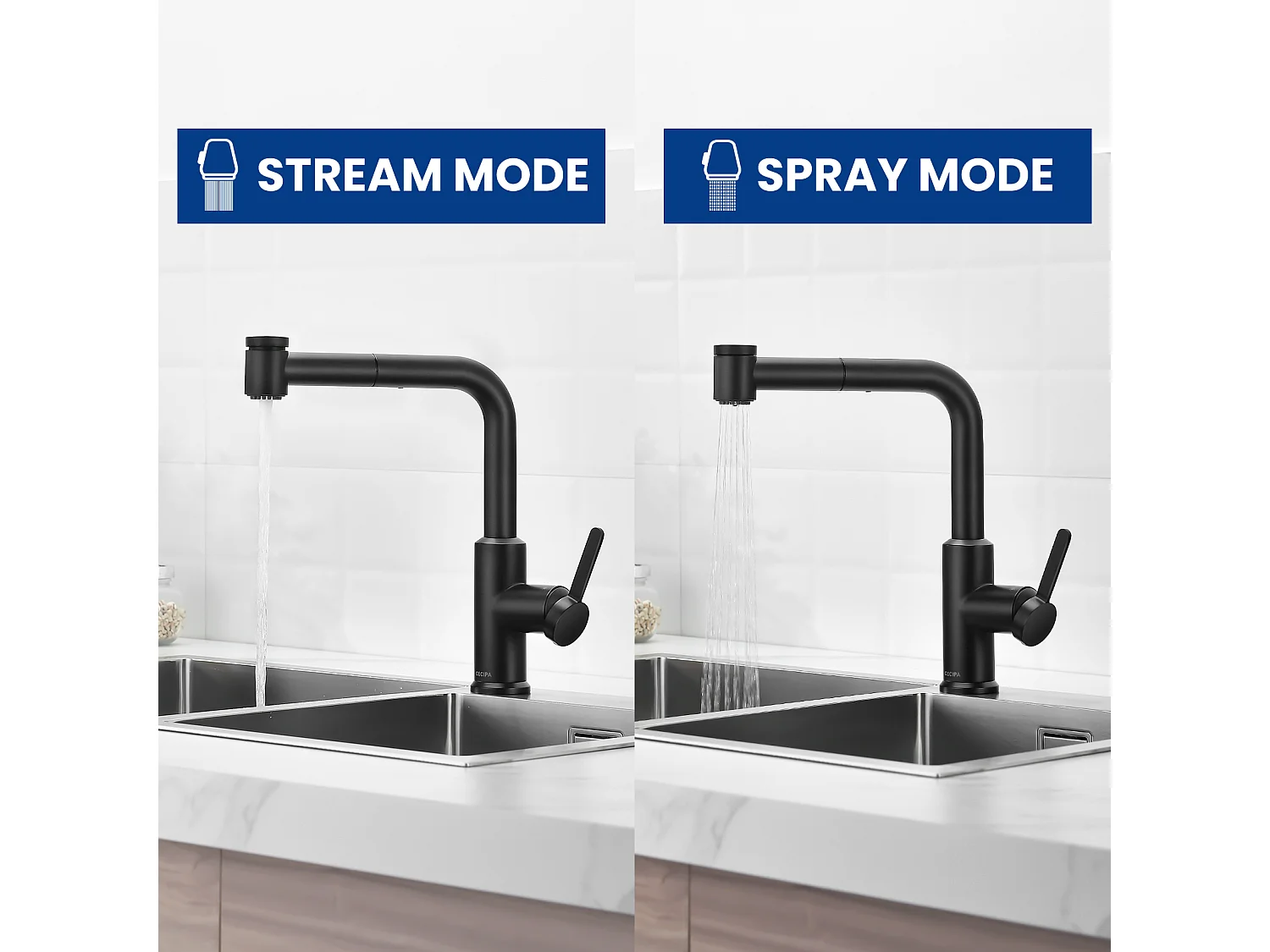 2PCS CECIPA MAX Mitigeur de Cuisine avec Douchette Extractible, Robinet d'évier Noir, Robinet d'eau Chaude et Froide, 2 Modes de Sortie D'eau