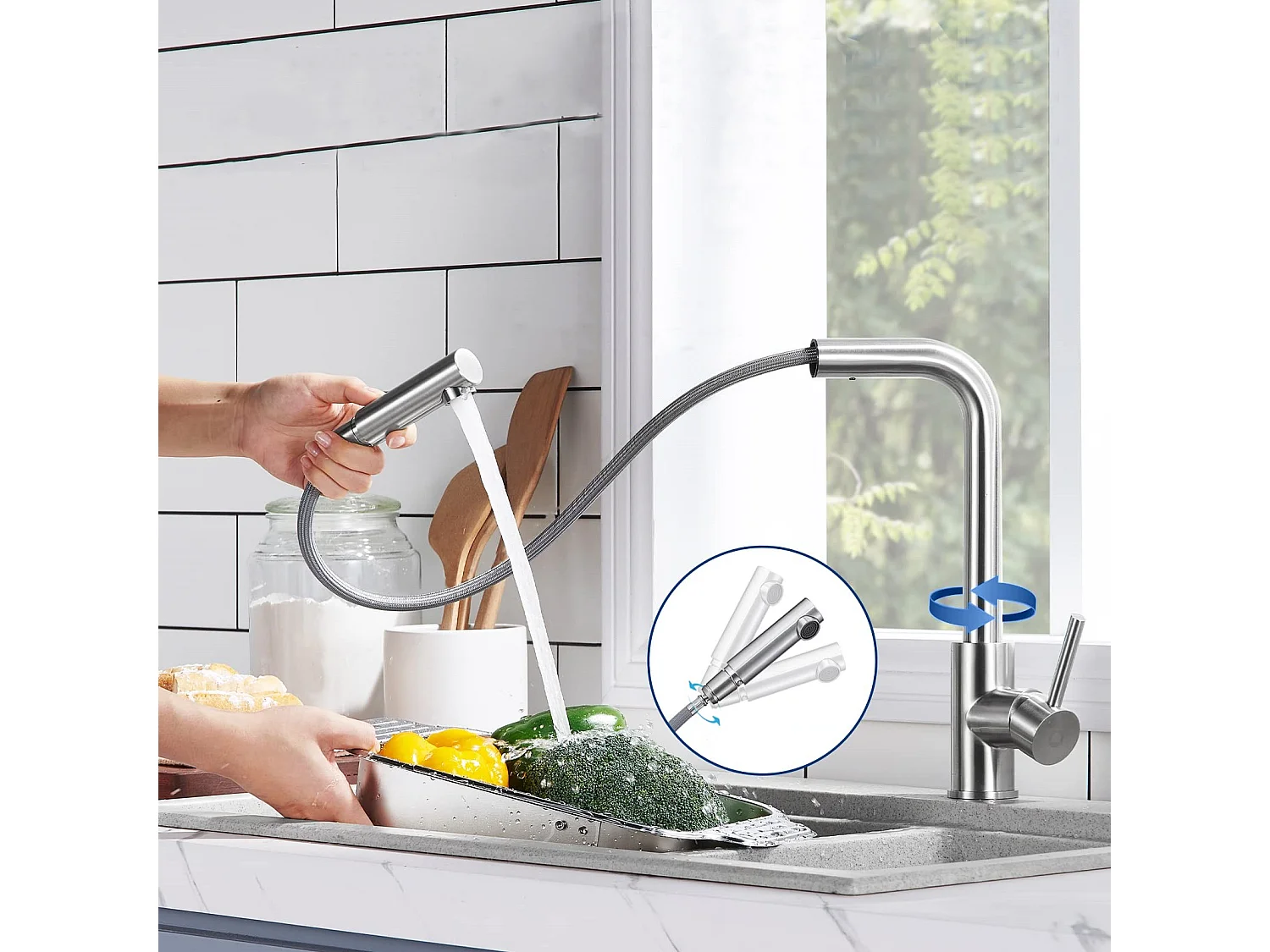 2PCS Mitigeur Cuisine Brossé Douchette Robinet Douchette d'évier Extractible Mitigeur Evier Bec Haut Pivotant à 360° Acier Inox Barboteur Démotable
