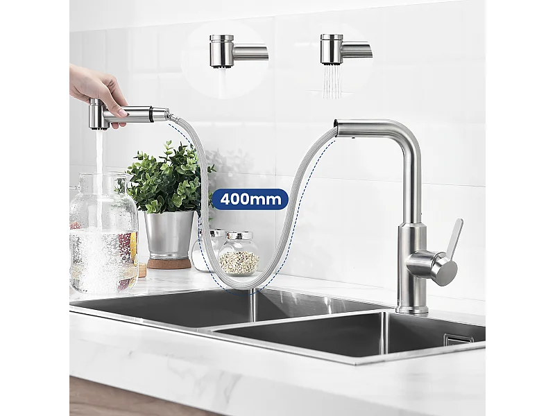 Cecipa max Mezclador de Cocina Extraíble - Grifo de Cocina Giratorio 360 de 2 Jets - Mezclador de Fregadero con Ducha Cepillada, Modelo UE