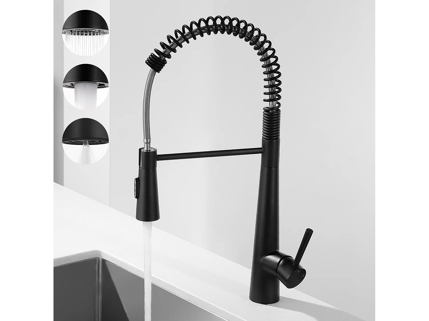 Miscelatore da cucina a molla 2 pezzi con 3 modalità di uscita dell'acqua - Miscelatore per lavello nero con doccetta estraibile Rubinetto da cucina girevole a 360°