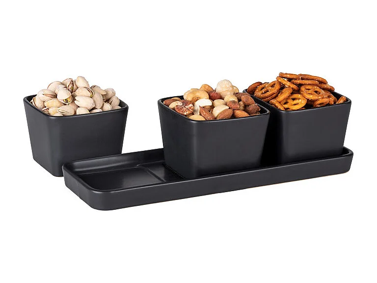 Set apéritif en céramique avec plateau et 3 coupelles "Snack & Dip" - 3 x 300 ml - Noir - L 30 cm