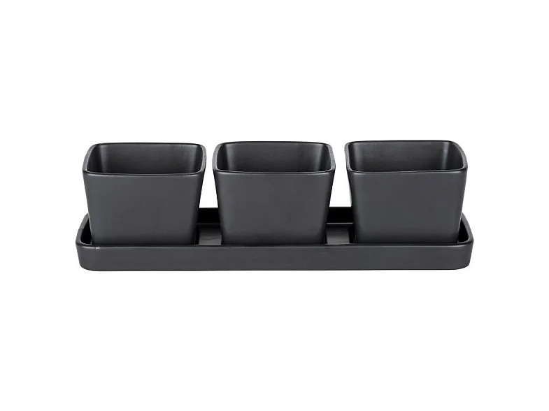 Set apéritif en céramique avec plateau et 3 coupelles "Snack & Dip" - 3 x 300 ml - Noir - L 30 cm