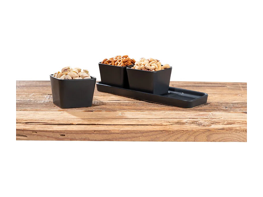 Set apéritif en céramique avec plateau et 3 coupelles "Snack & Dip" - 3 x 300 ml - Noir - L 30 cm