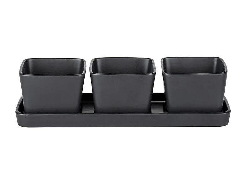 Set apéritif en céramique avec plateau et 3 coupelles "Snack & Dip" - 3 x 300 ml - Noir - L 30 cm