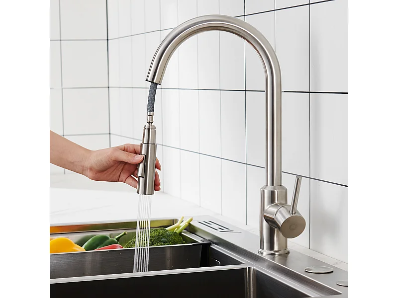 Cecipa max Keukenmengkraan met uittrekbare sproeier - Geborsteld roestvrijstalen aanrechtmengkraan - 2 wateruitlaatmodi, EU-model