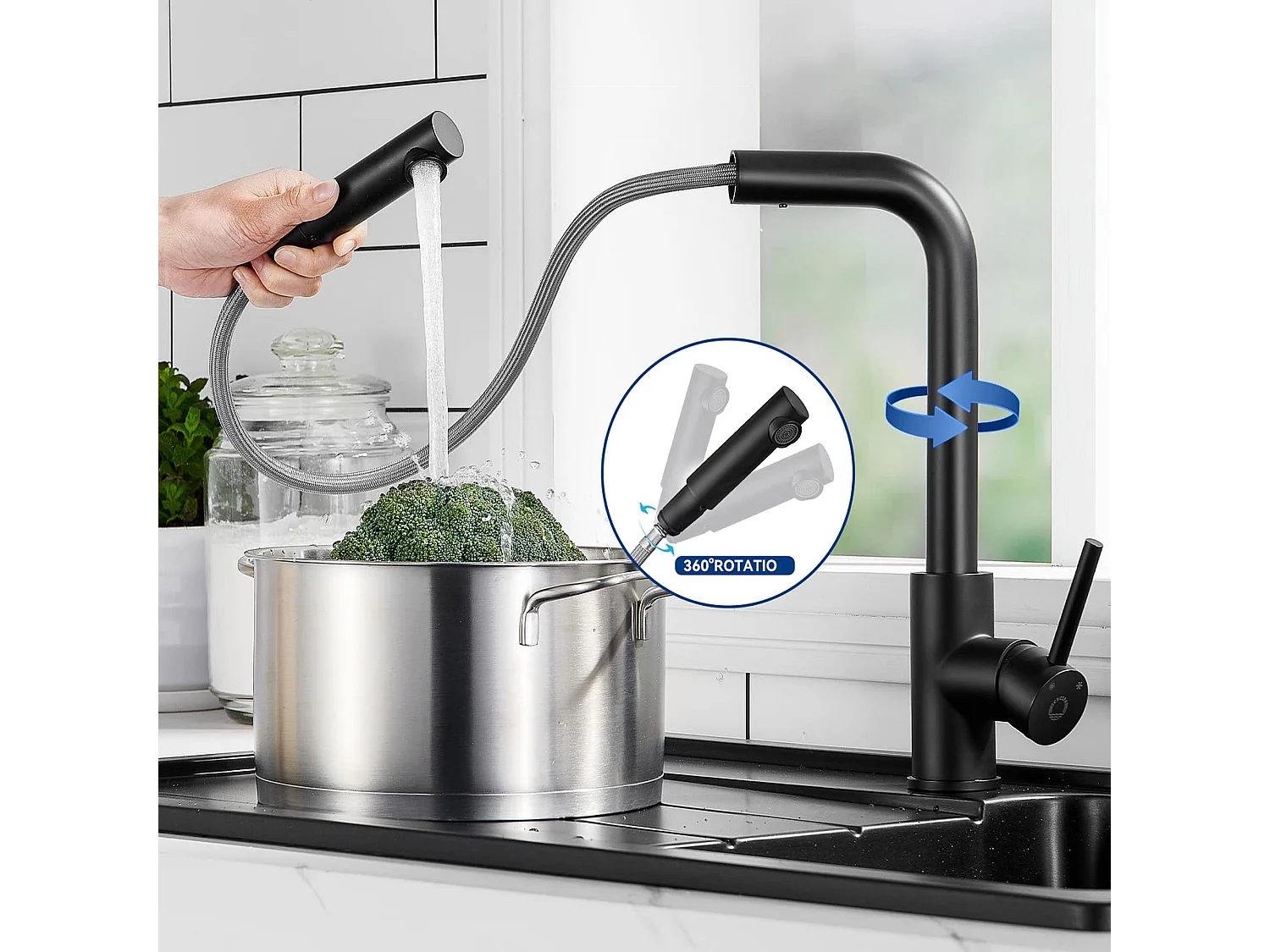Cecipa max Miscelatore Cucina Nero Rubinetto Doccia Lavello Estraibile Doccetta Miscelatore Lavello Bocca Alta Girevole 360° Gorgoglio Staccabile, Modello EU