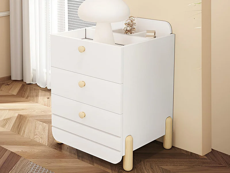 Table de chevet en bois - avec 3 tiroirs et étagères - Blanc