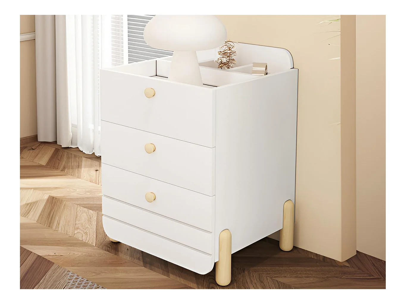 Table de chevet en bois - avec 3 tiroirs et étagères - Blanc