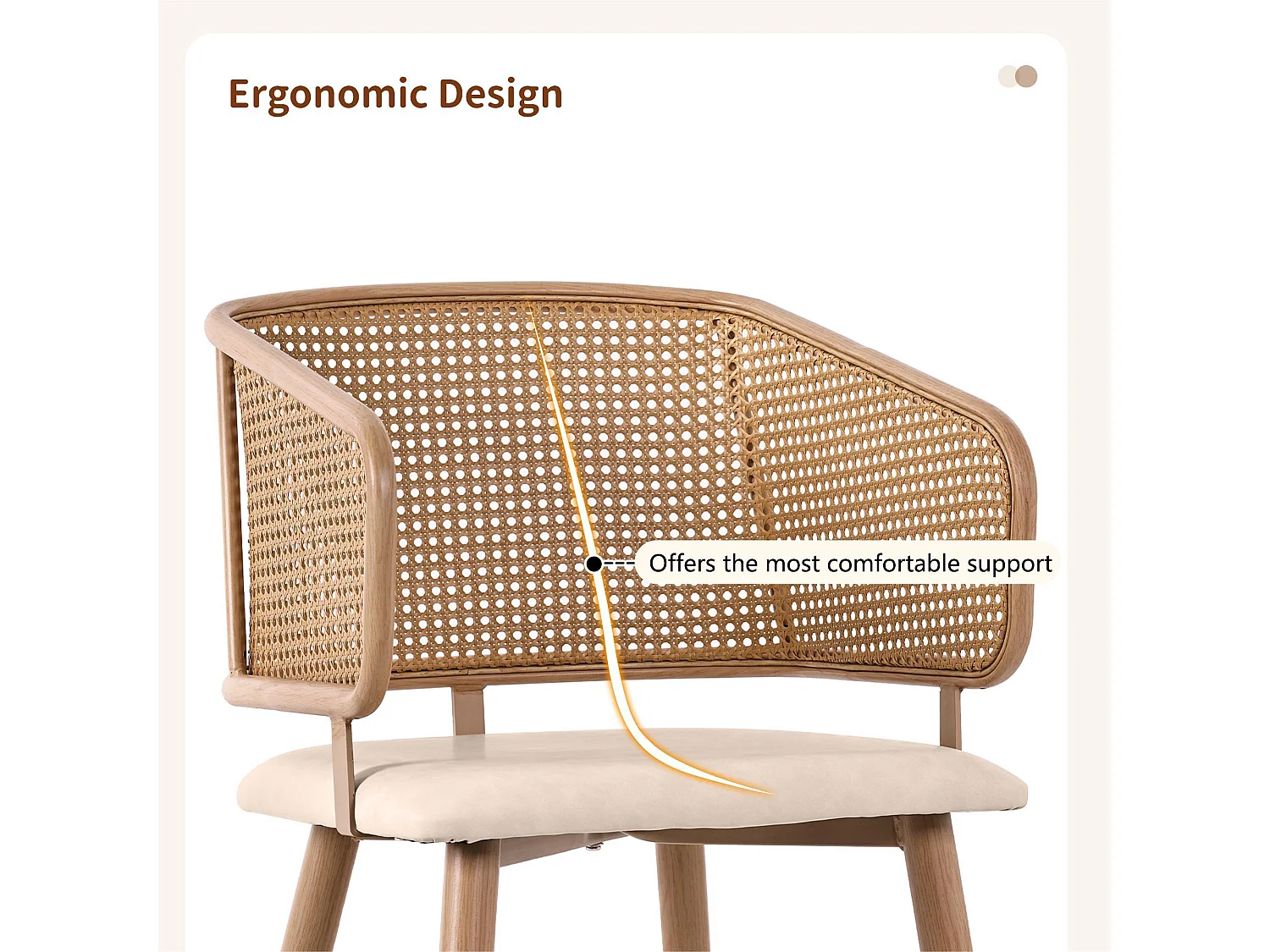 Lot de 4 chaises avec dossier en rotin - coussins en similicuir beige - pieds en métal - Marron