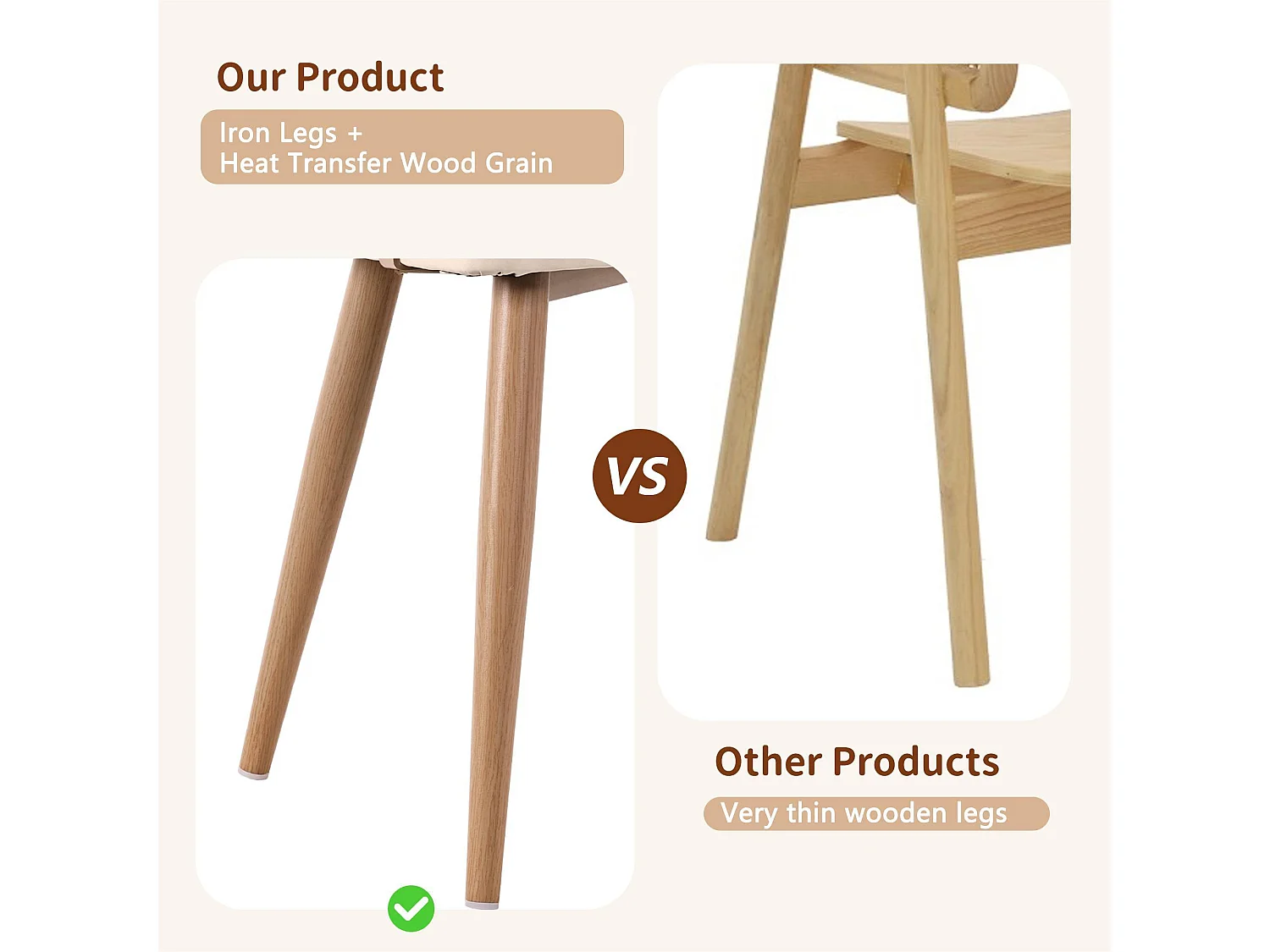 Lot de 4 chaises avec dossier en rotin - coussins en similicuir beige - pieds en métal - Marron