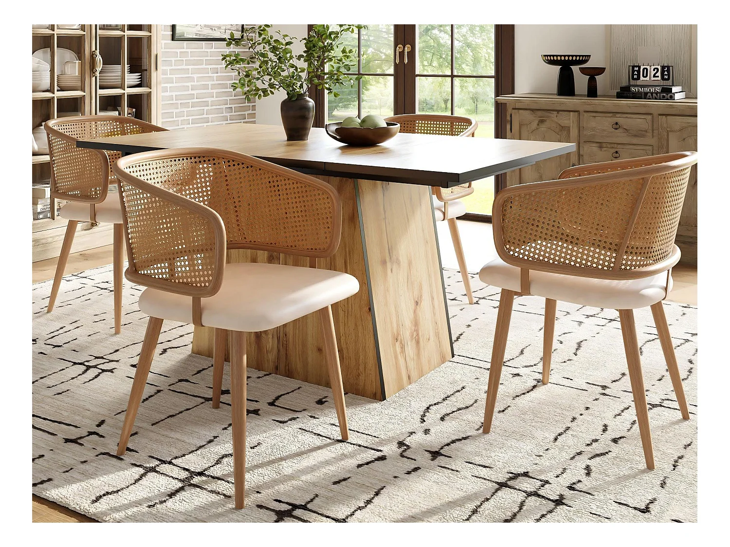 Lot de 4 chaises avec dossier en rotin - coussins en similicuir beige - pieds en métal - Marron