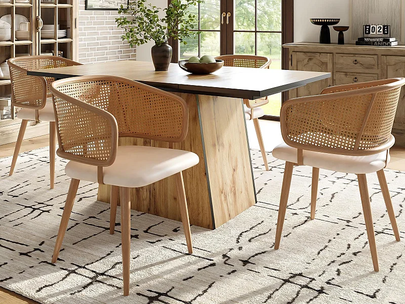 Conjunto de 4 cadeiras com encosto de rattan - almofadas de imitação de couro bege - pernas de metal - marrom