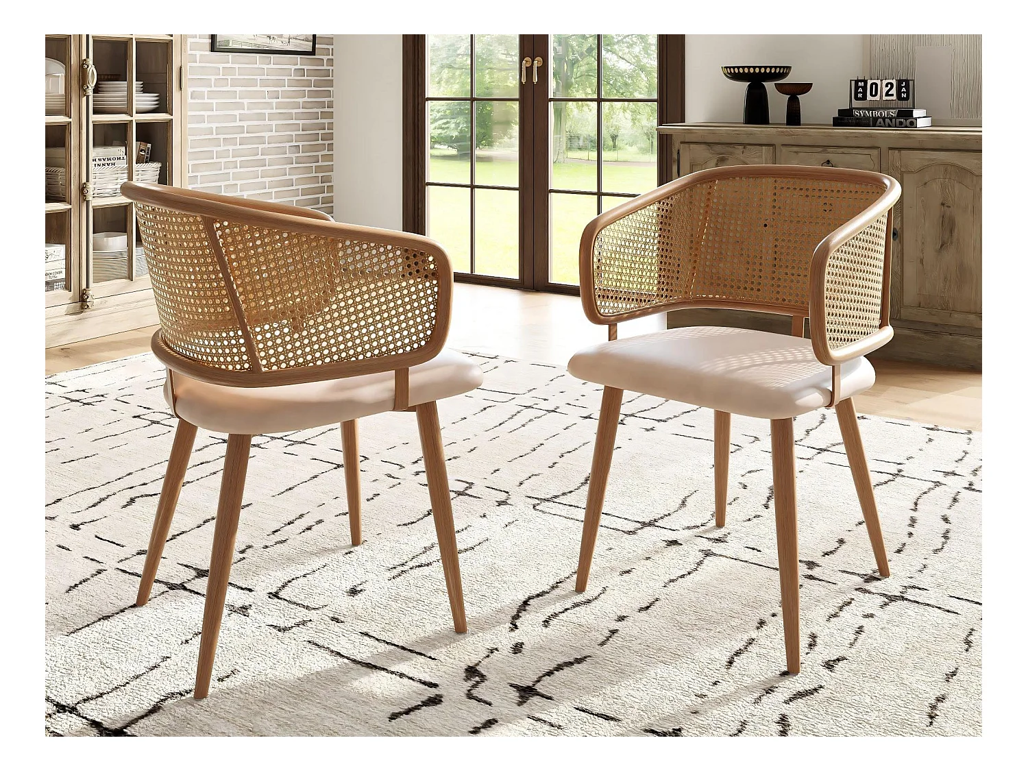 Lot de 2 chaises avec dossier en rotin - coussins en similicuir beige - pieds en métal - Marron
