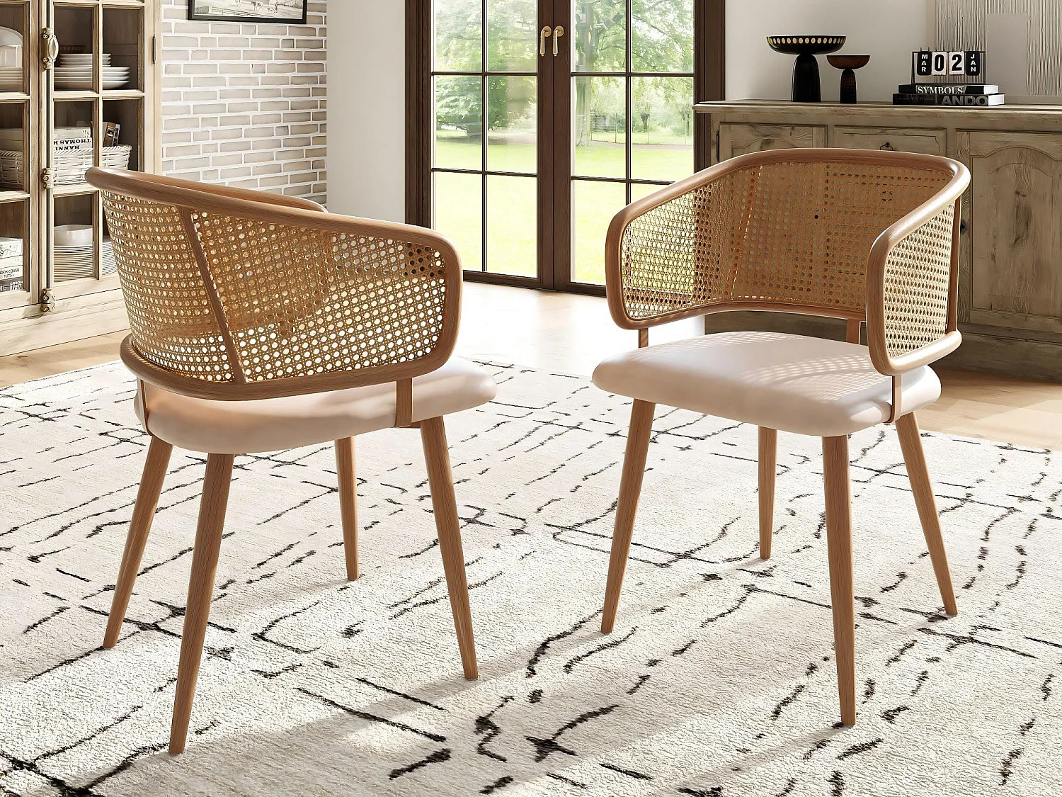 Set van 2 stoelen met rotan rugleuning - beige kunstleren kussens - metalen poten - Bruin