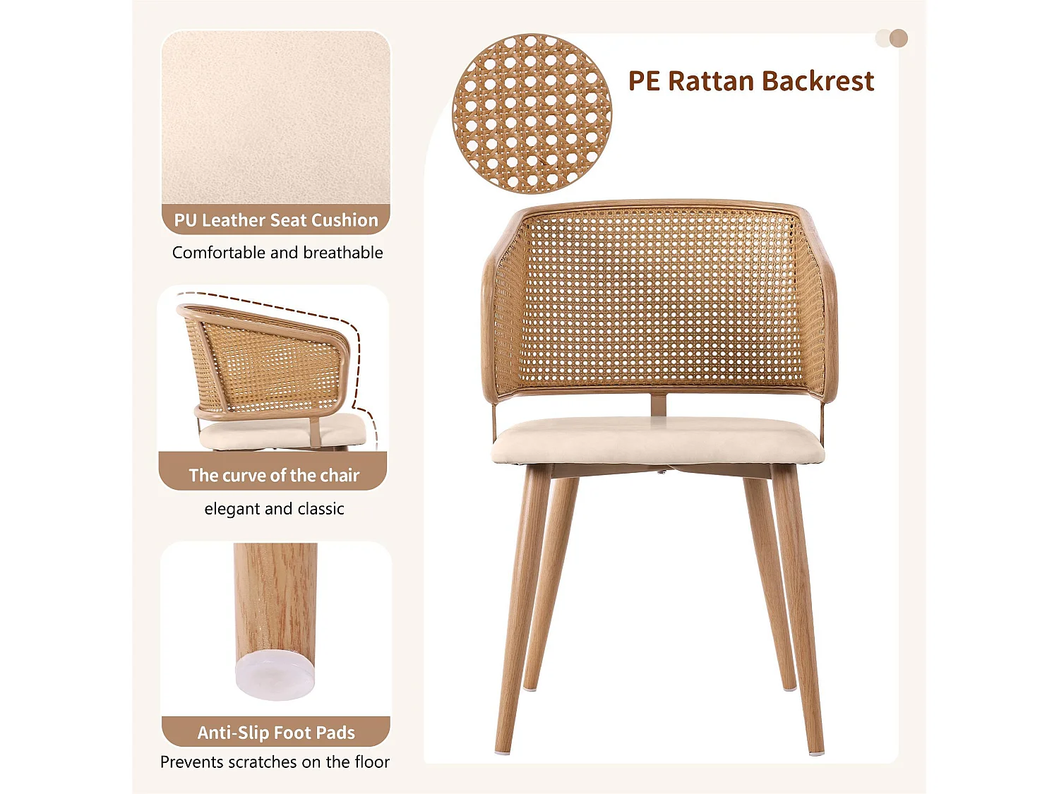 Set van 2 stoelen met rotan rugleuning - beige kunstleren kussens - metalen poten - Bruin