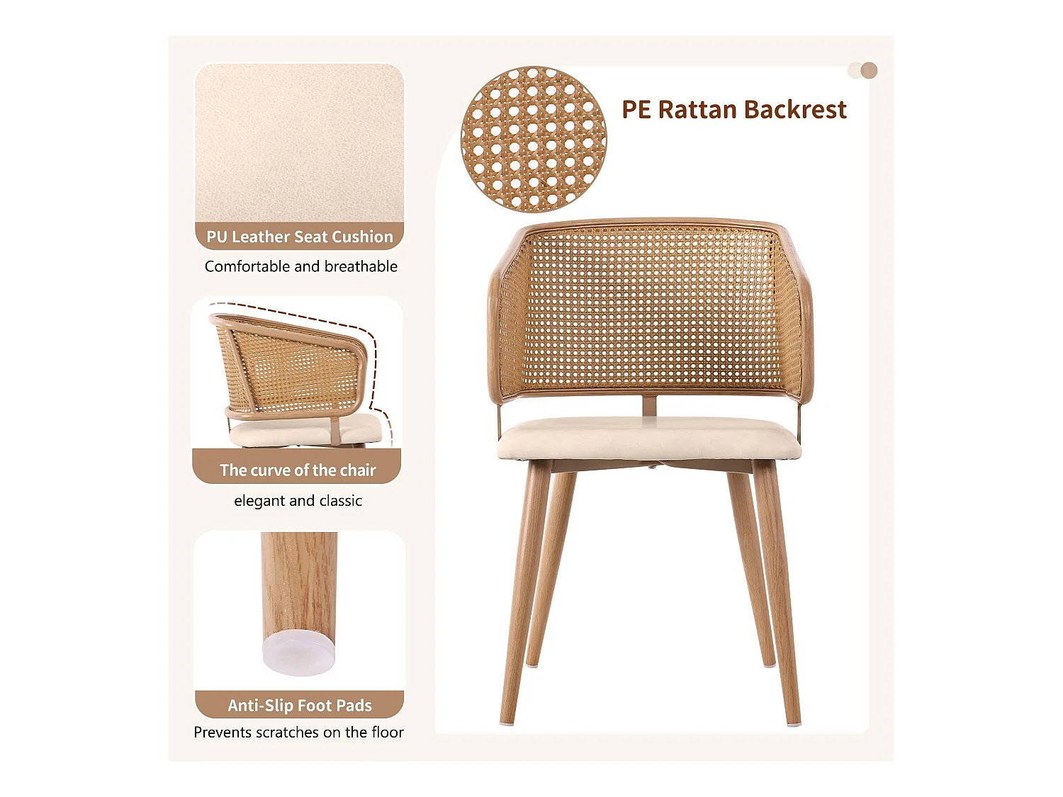 Lot de 6 chaises avec dossier en rotin - coussins en similicuir beige - pieds en métal - Marron