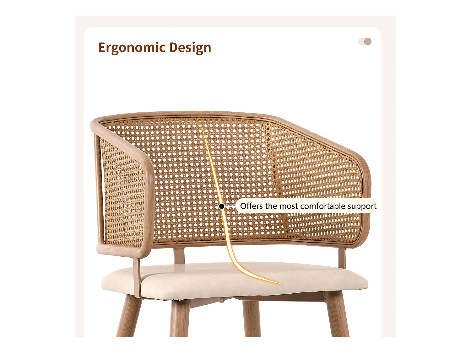 Lot de 6 chaises avec dossier en rotin - coussins en similicuir beige - pieds en métal - Marron