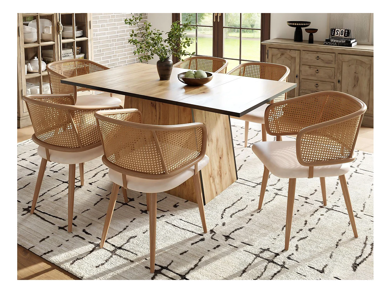 Conjunto de 6 cadeiras com encosto de rattan - almofadas de imitação de couro bege - pernas de metal - marrom