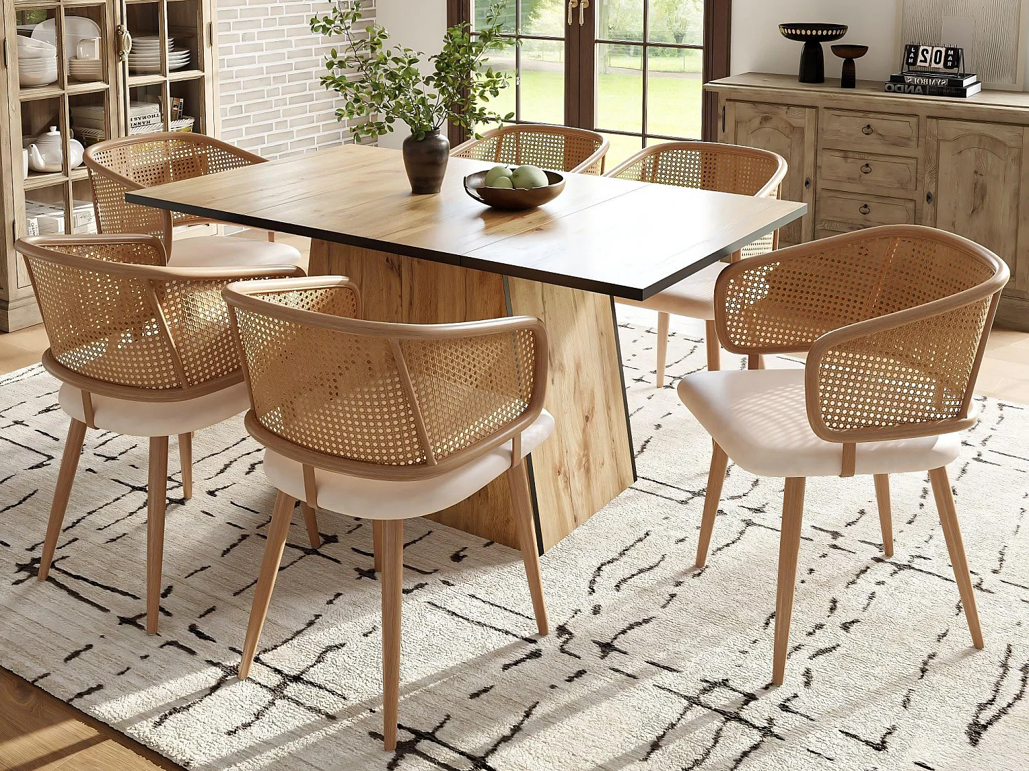 Set med 6 stolar med ryggstöd i rotting - kuddar i beige konstläder - metallben - Brun