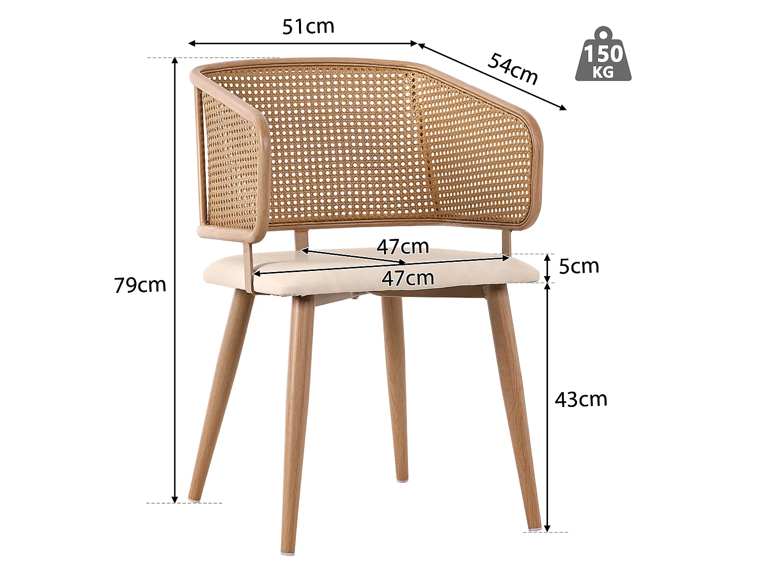 Set med 6 stolar med ryggstöd i rotting - kuddar i beige konstläder - metallben - Brun