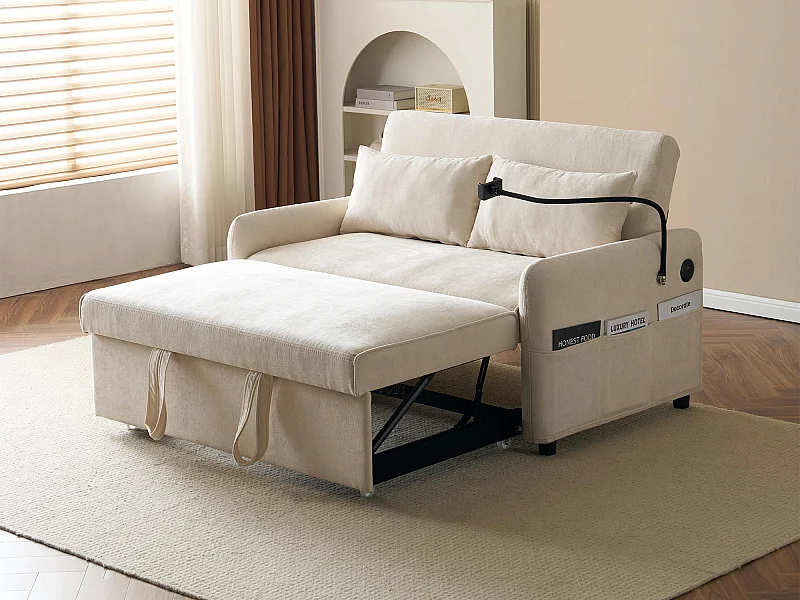 In mehreren Winkeln verstellbares Cabrio-Sofa aus Chenille-Stoff – 2 Sitze – mit Telefonhalter und USB-Anschlüssen – Beige