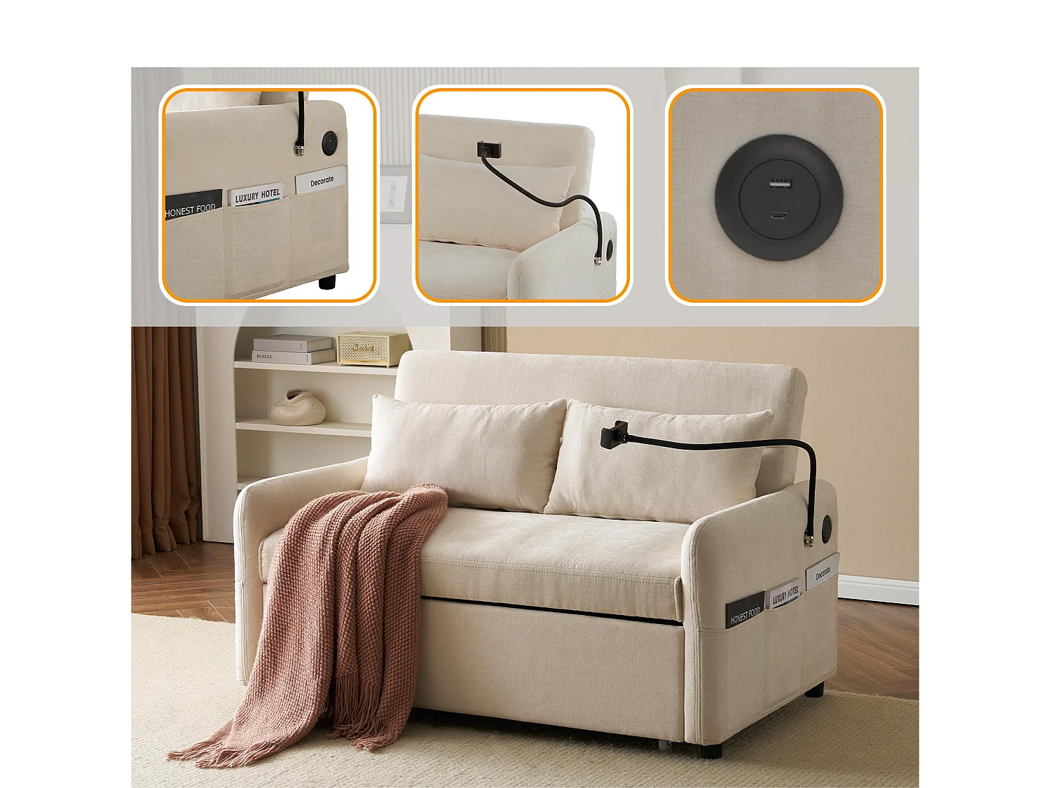 Sofá convertível ajustável multiângulo em tecido chenille - 2 lugares - com suporte para telefone e portas USB - Bege