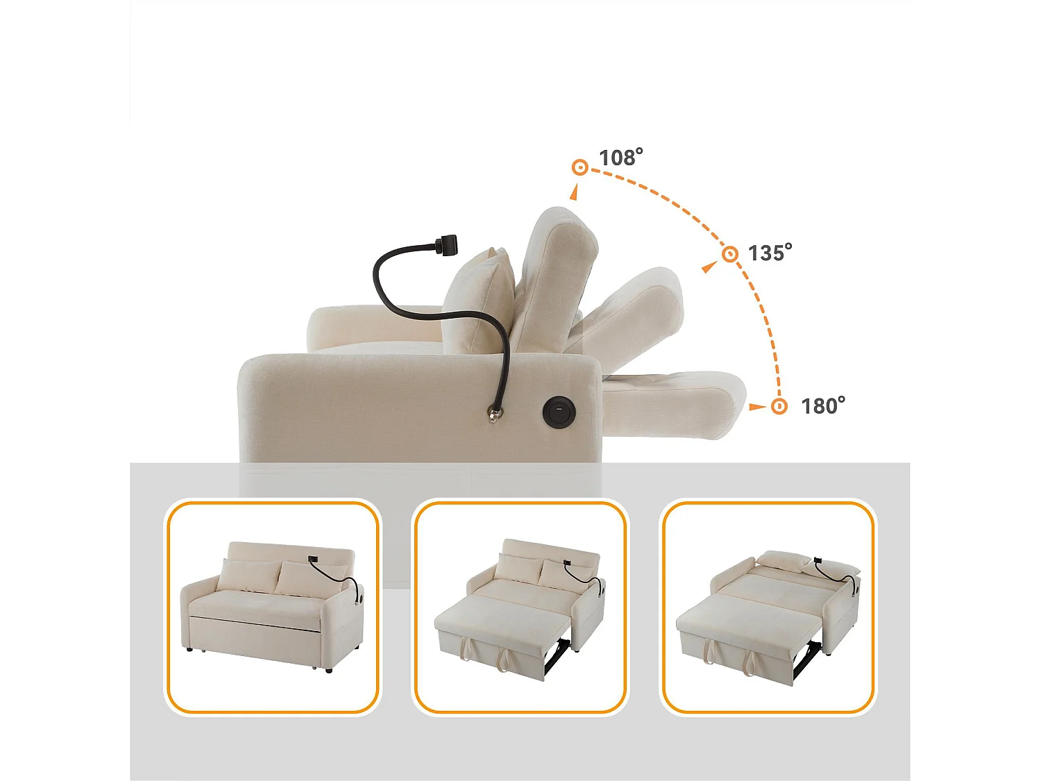 Sofá convertível ajustável multiângulo em tecido chenille - 2 lugares - com suporte para telefone e portas USB - Bege