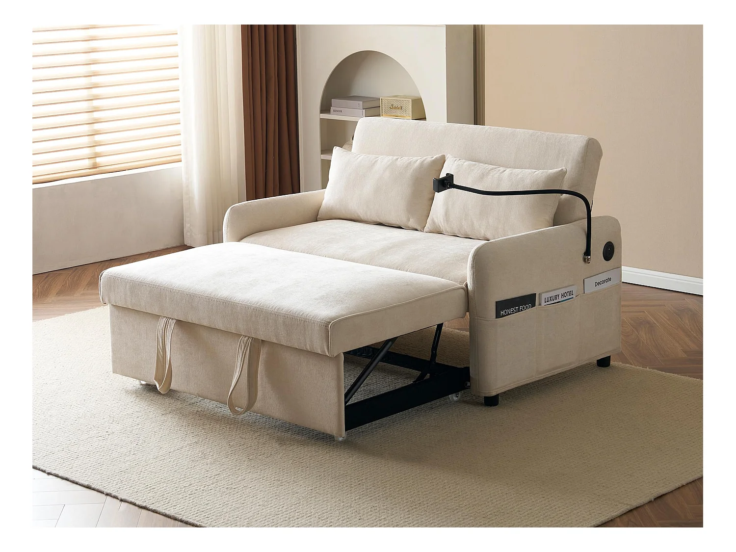 Canapé convertible réglable multi-angles en tissu chenille - 2 places - avec support téléphone et Ports USB - Beige