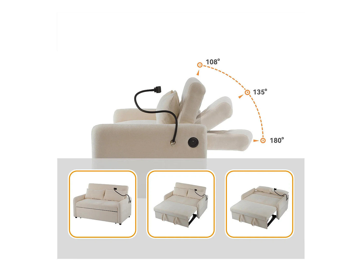 Rozkładana kanapa regulowana w wielu kątach z tkaniny żakardowej - 2 miejsca - z uchwytem na telefon i portami USB - Beżowa