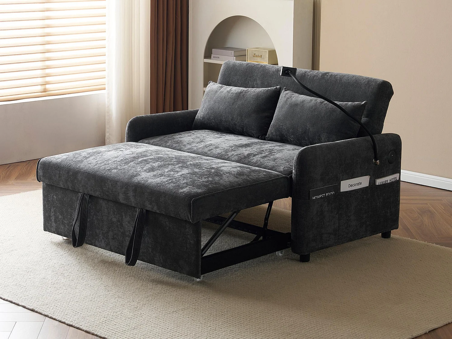 In mehreren Winkeln verstellbares Cabrio-Sofa aus Chenille-Stoff – 2 Sitze – mit Telefonhalter und USB-Anschlüssen – Grau