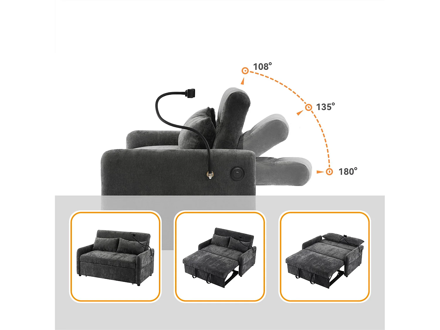 In mehreren Winkeln verstellbares Cabrio-Sofa aus Chenille-Stoff – 2 Sitze – mit Telefonhalter und USB-Anschlüssen – Grau