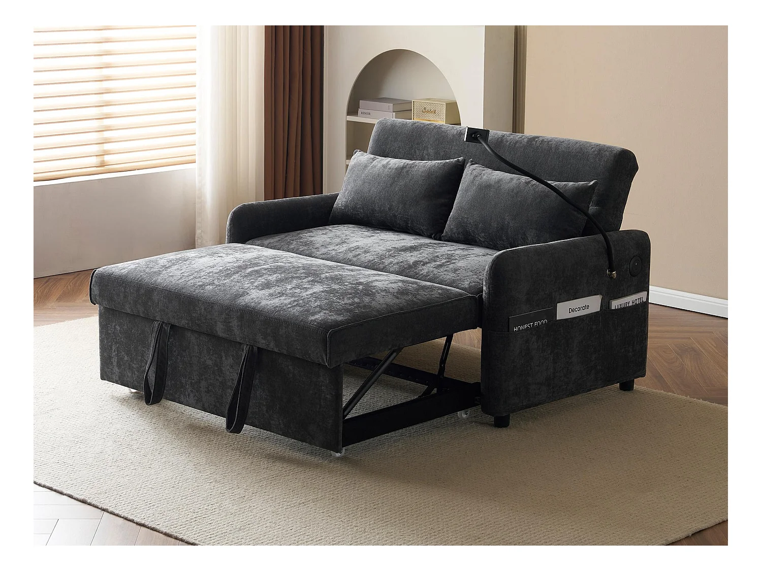 Canapé convertible réglable multi-angles en tissu chenille - 2 places - avec support téléphone et Ports USB - Gris