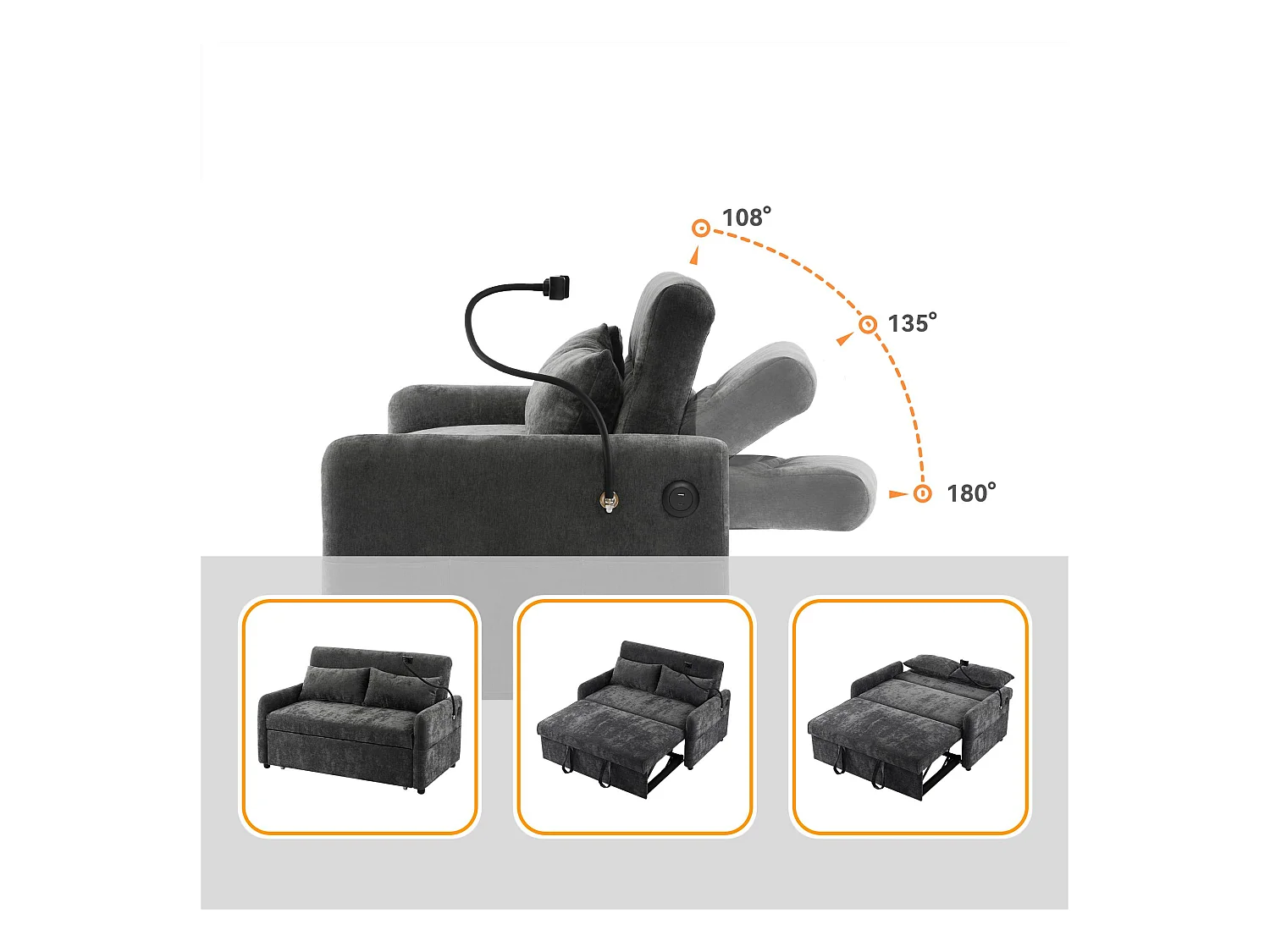 Canapé convertible réglable multi-angles en tissu chenille - 2 places - avec support téléphone et Ports USB - Gris