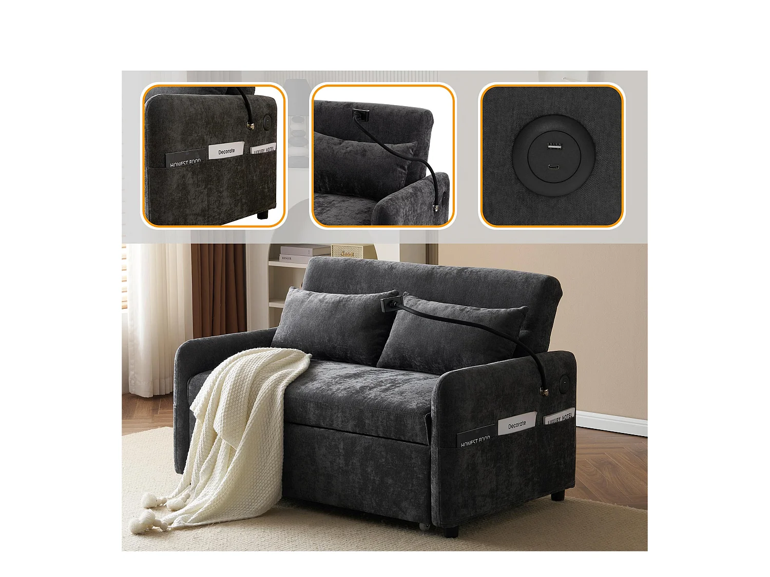 Canapé convertible réglable multi-angles en tissu chenille - 2 places - avec support téléphone et Ports USB - Gris