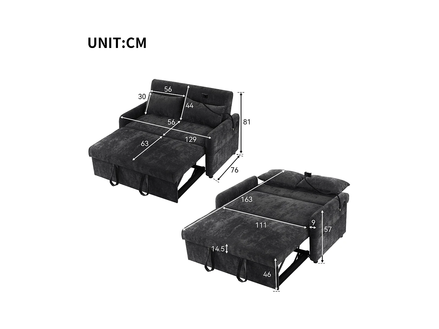 Canapé convertible réglable multi-angles en tissu chenille - 2 places - avec support téléphone et Ports USB - Gris